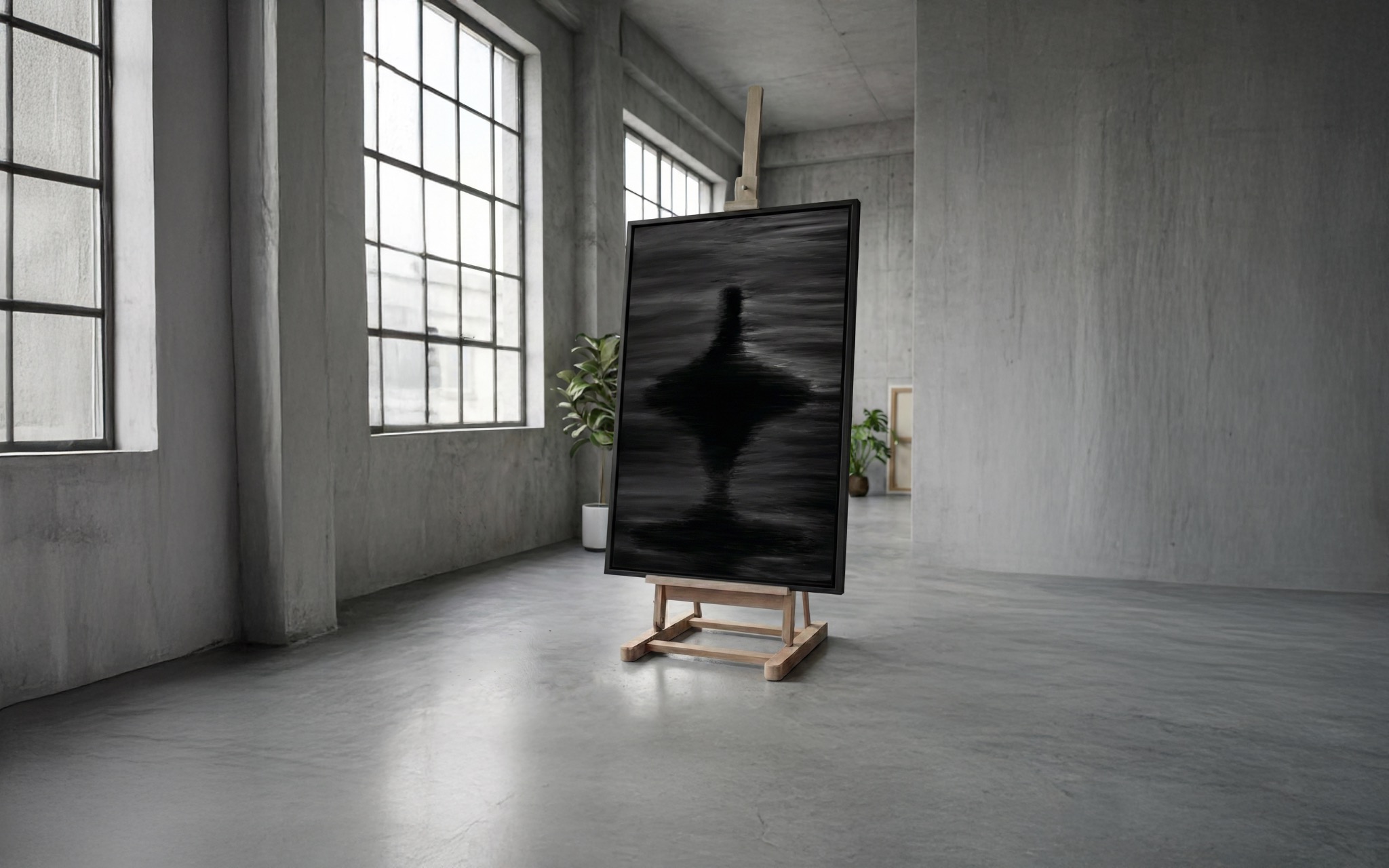 Réminiscence, œuvre sombre de Gökalp exposée sur un chevalet.